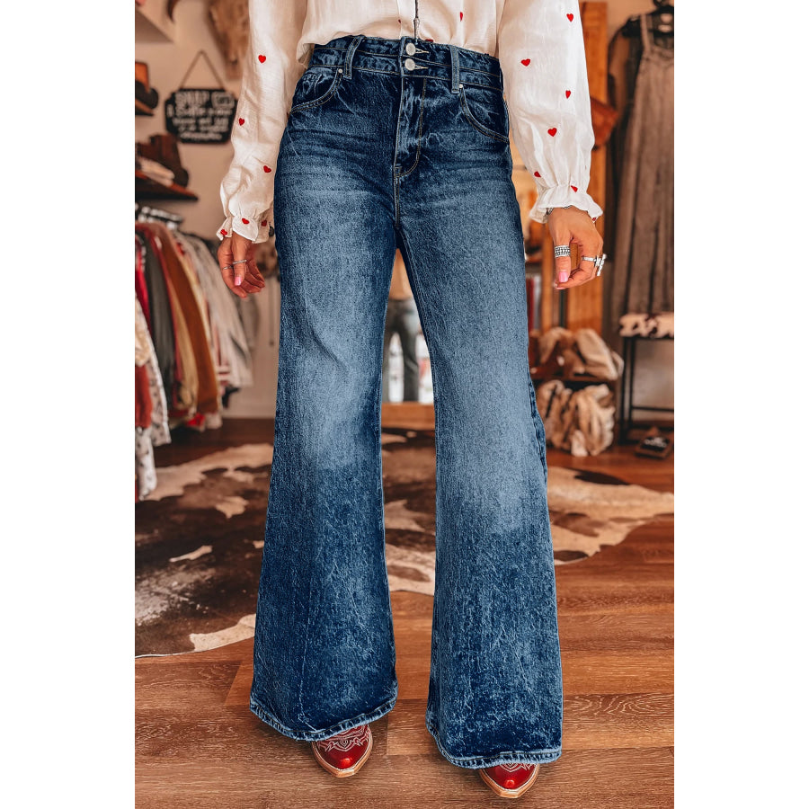 Sail Blue Acid Wash Pocket Detail Flare Jeans Bottoms/Jeans