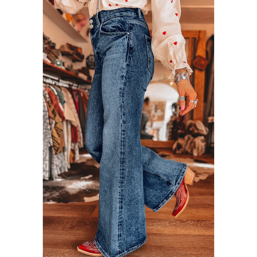 Sail Blue Acid Wash Pocket Detail Flare Jeans Bottoms/Jeans