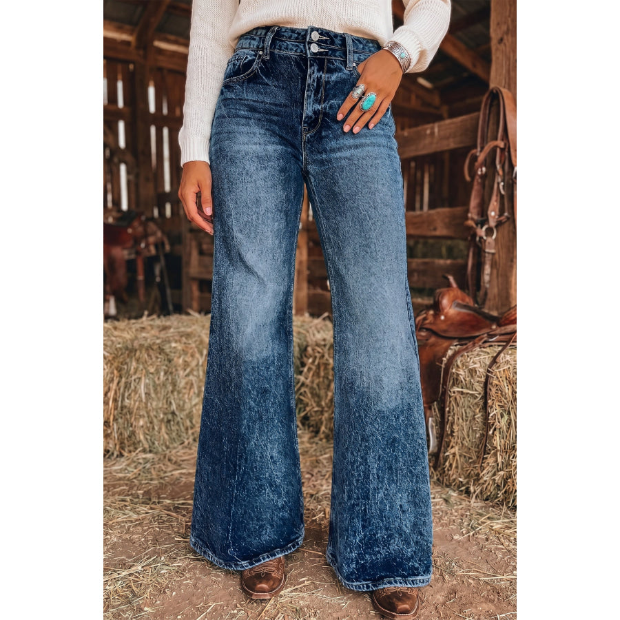 Sail Blue Acid Wash Pocket Detail Flare Jeans Bottoms/Jeans