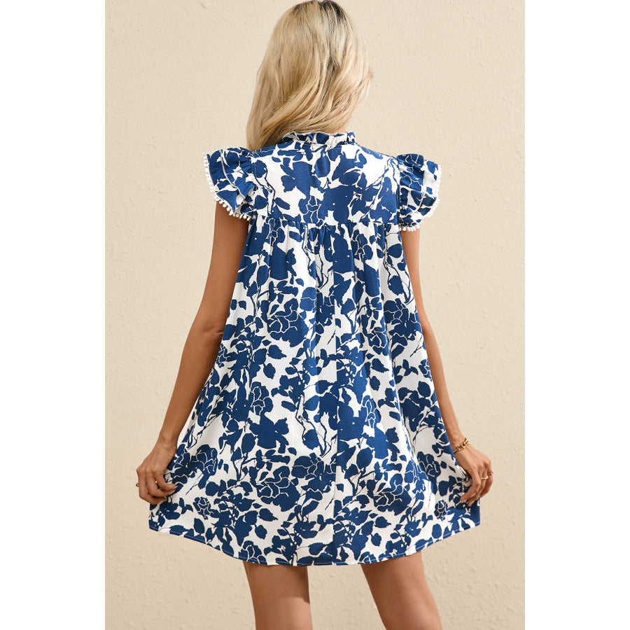 Sail Blue Floral Ruffled Cap Sleeve Tied Neck Mini Dress Dresses/Floral Dresses