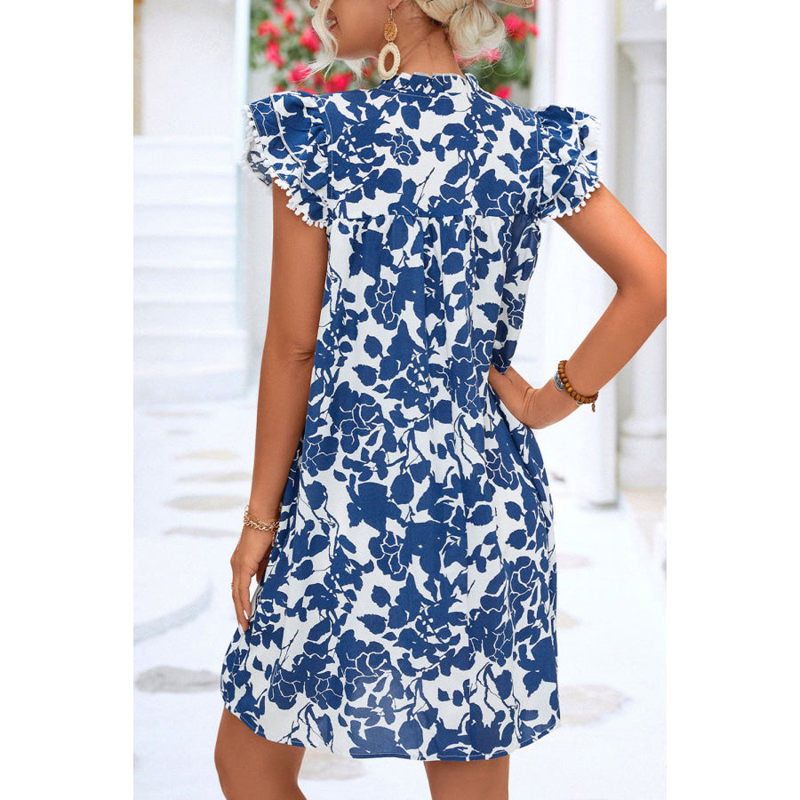 Sail Blue Floral Ruffled Cap Sleeve Tied Neck Mini Dress Dresses/Floral Dresses