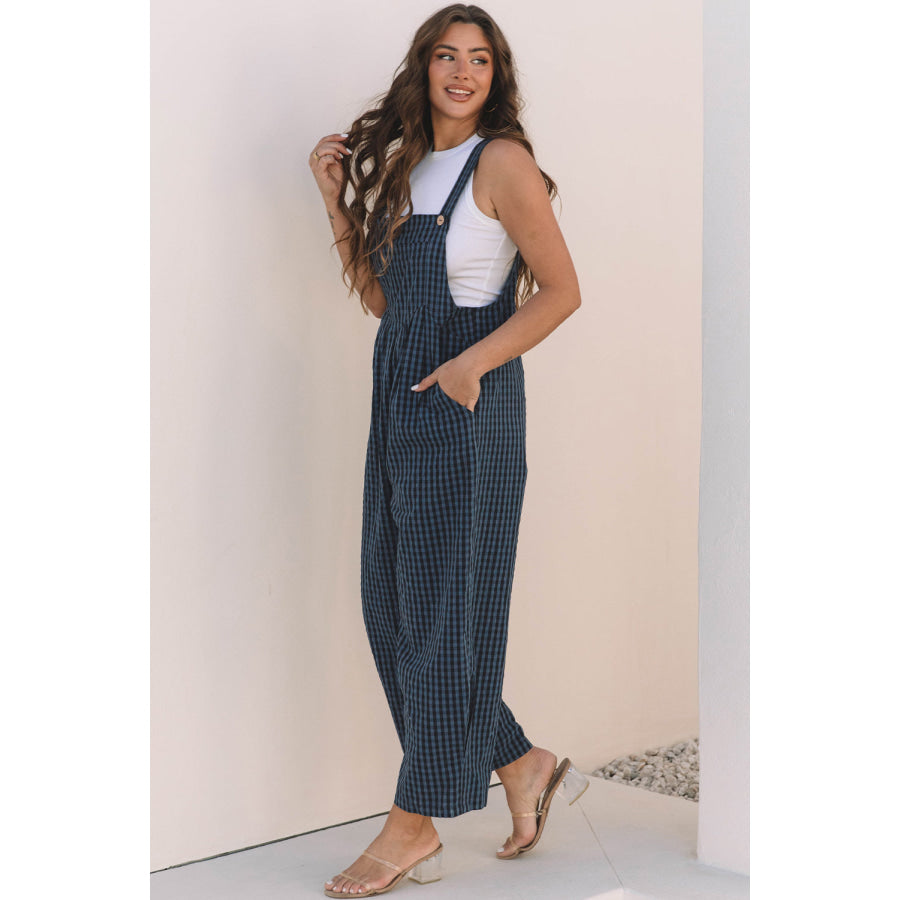 Sail Blue Plaid Print Buttoned Pocketed High Waist Overall Bottoms/Jumpsuits &amp; Rompers