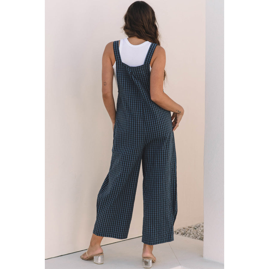 Sail Blue Plaid Print Buttoned Pocketed High Waist Overall Sail Blue / S / 50% Polyester + 50% Cotton Bottoms/Jumpsuits & Rompers