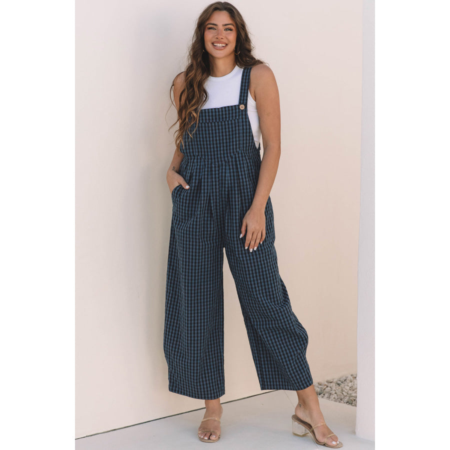 Sail Blue Plaid Print Buttoned Pocketed High Waist Overall Sail Blue / S / 50% Polyester + 50% Cotton Bottoms/Jumpsuits & Rompers
