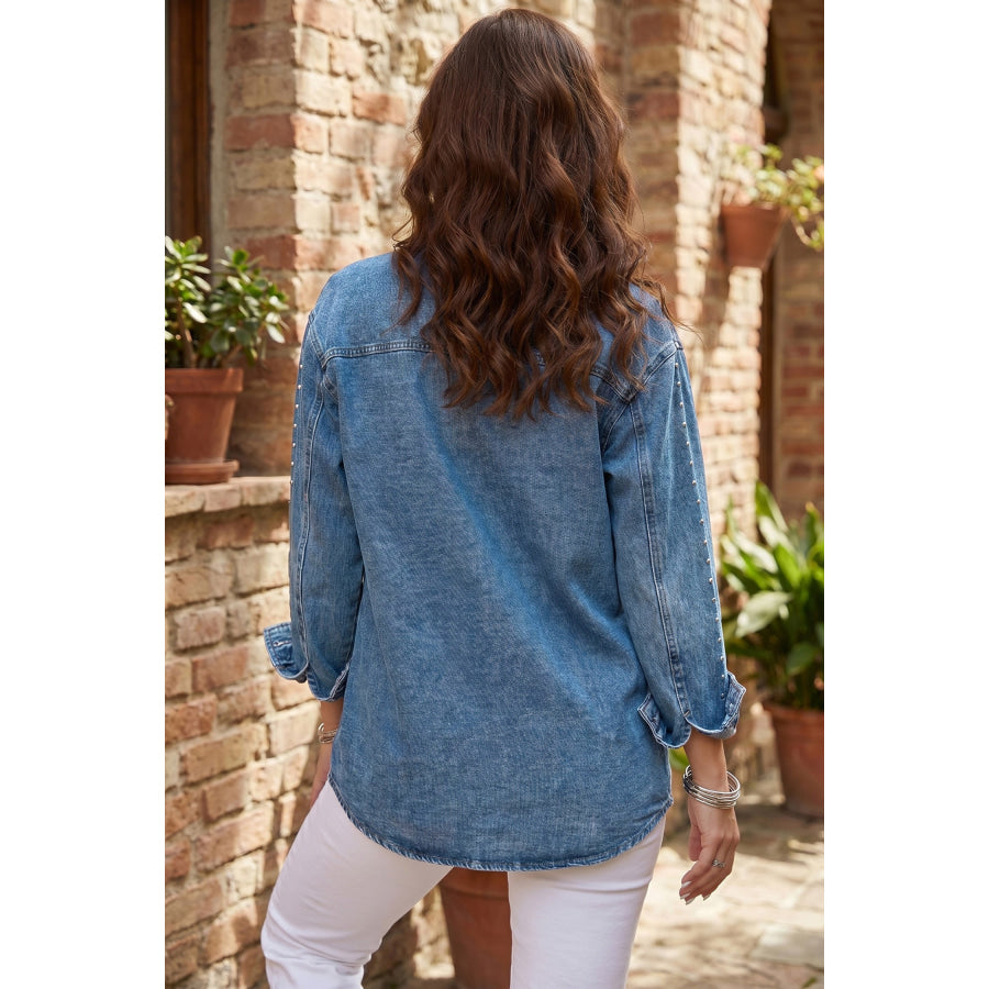 Sail Blue Rivet Embellished Western Style Regular Fit Long Sleeve Denim Jacket Sail Blue / S / 81.3% Cotton + 13% Polyester + 5.7%