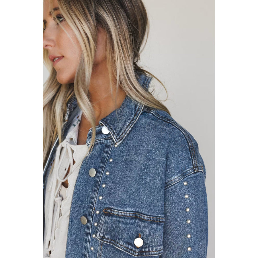 Sail Blue Rivet Embellished Western Style Regular Fit Long Sleeve Denim Jacket Outerwear/Denim jackets