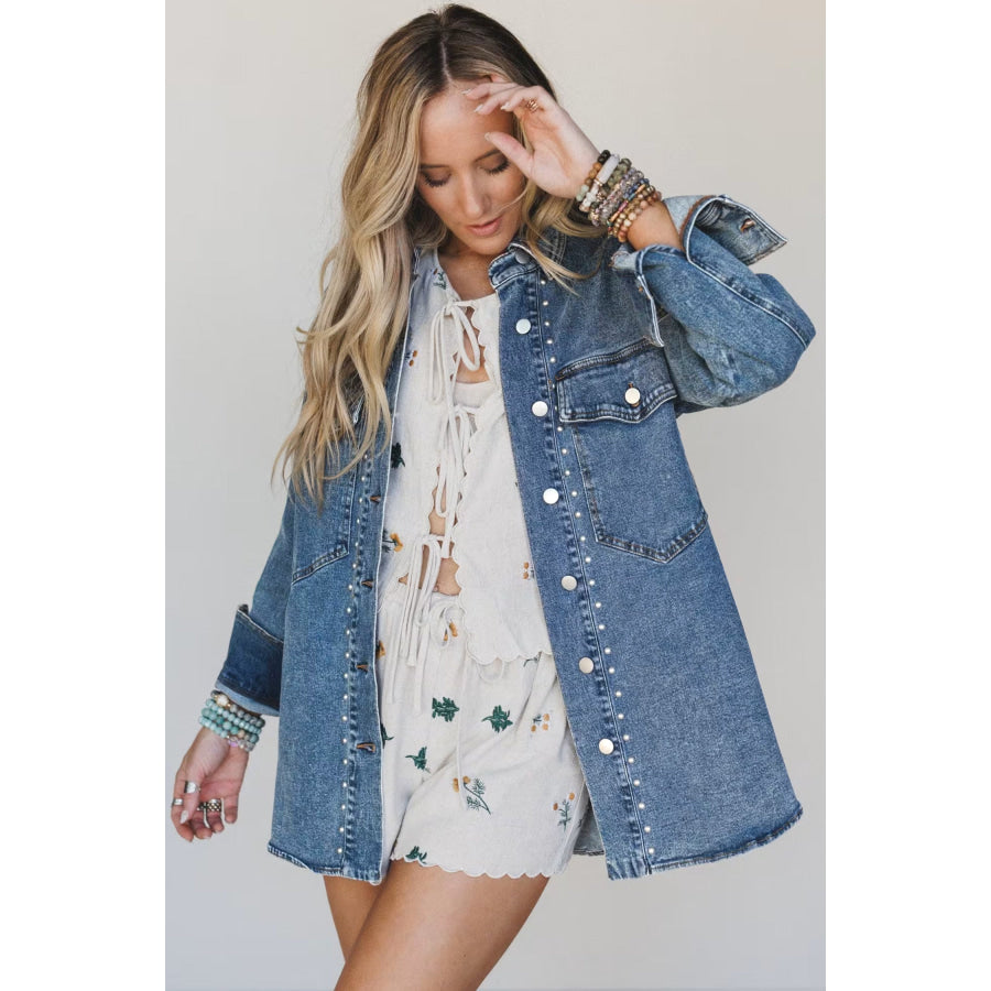 Sail Blue Rivet Embellished Western Style Regular Fit Long Sleeve Denim Jacket Outerwear/Denim jackets