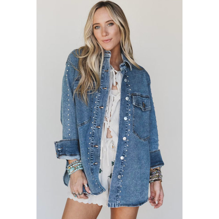 Sail Blue Rivet Embellished Western Style Regular Fit Long Sleeve Denim Jacket Outerwear/Denim jackets