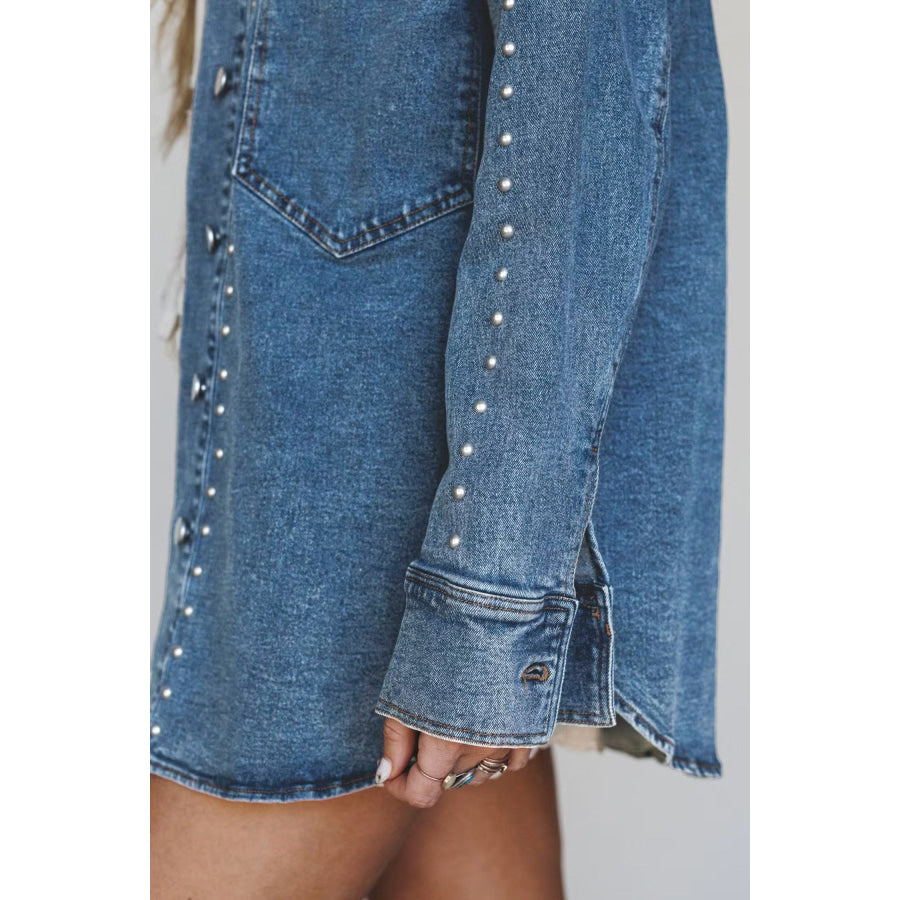 Sail Blue Rivet Embellished Western Style Regular Fit Long Sleeve Denim Jacket Outerwear/Denim jackets
