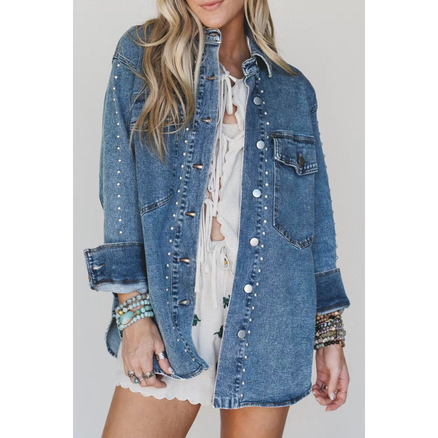 Sail Blue Rivet Embellished Western Style Regular Fit Long Sleeve Denim Jacket Outerwear/Denim jackets
