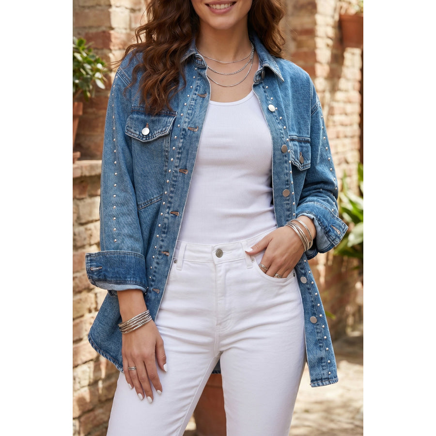 Sail Blue Rivet Embellished Western Style Regular Fit Long Sleeve Denim Jacket Sail Blue / S / 81.3% Cotton + 13% Polyester + 5.7%