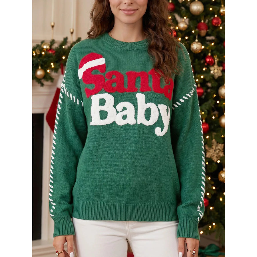 Santa Baby Towel Embroidery Christmas Slogan Pullover Sweater Dark Green / S Apparel and Accessories