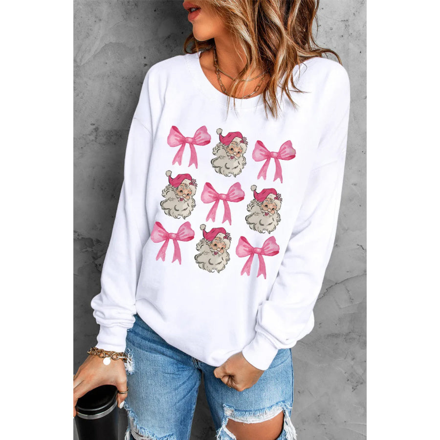 Santa &amp; Bow Graphic Long Sleeve Sweatshirt White / S Apparel and Accessories