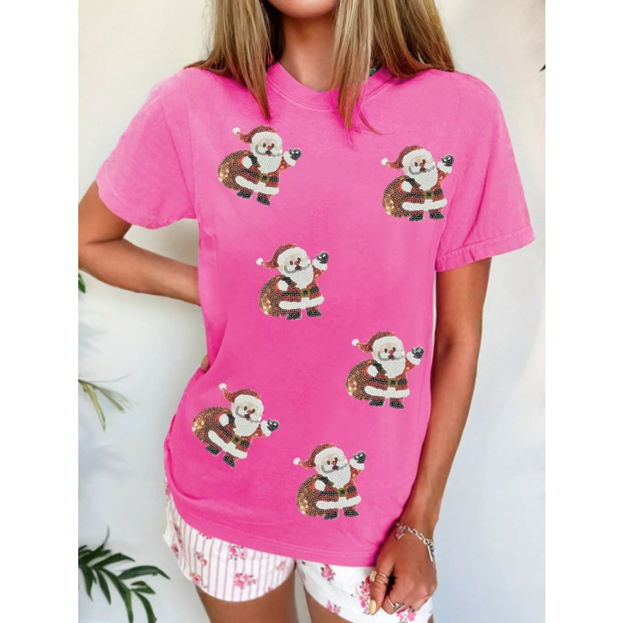 Santa Claus Deliver Gifts Sequin Short Sleeve Tee Fuchsia Pink / M Apparel and Accessories