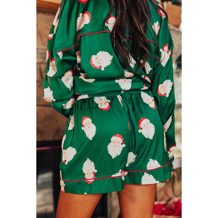 Santa Collared Neck Long Sleeve Top and Shorts Lounge Set Apparel and Accessories