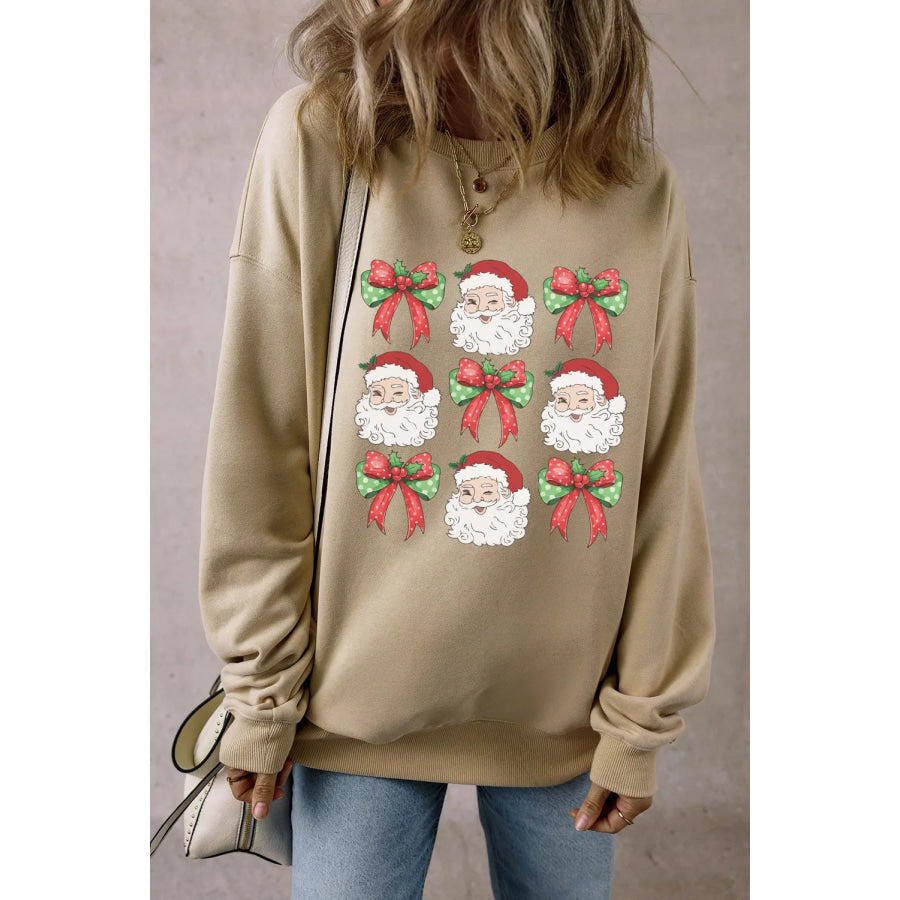 Santa Graphic Round Neck Long Sleeve Sweatshirt Khaki / S Apparel and Accessories