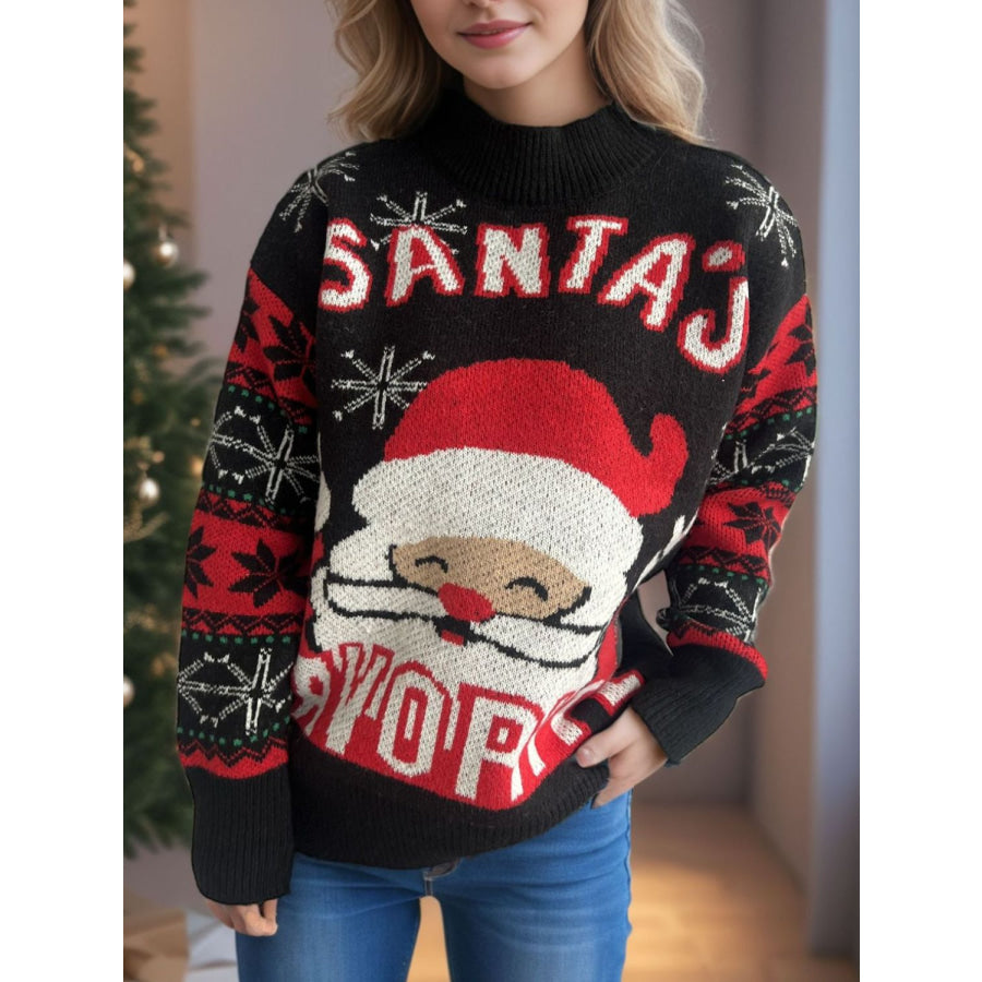 Santa Mock Neck Long Sleeve Sweater Black / One Size Apparel and Accessories