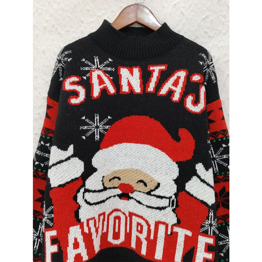 Santa Mock Neck Long Sleeve Sweater Black / One Size Apparel and Accessories