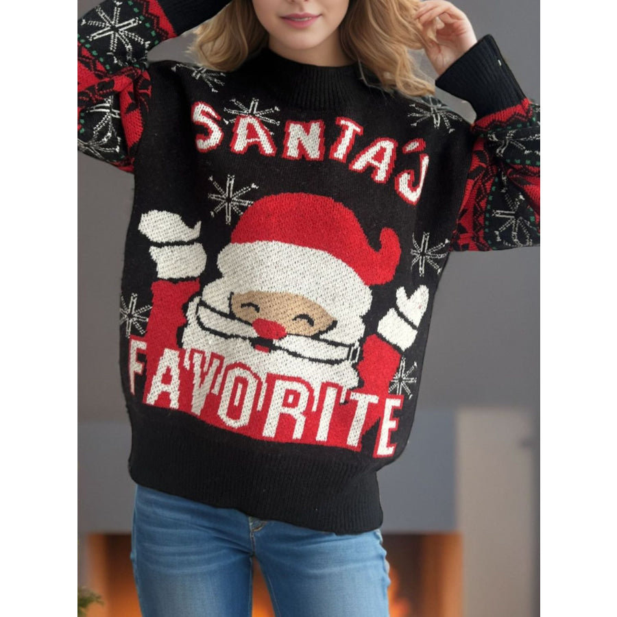 Santa Mock Neck Long Sleeve Sweater Black / One Size Apparel and Accessories