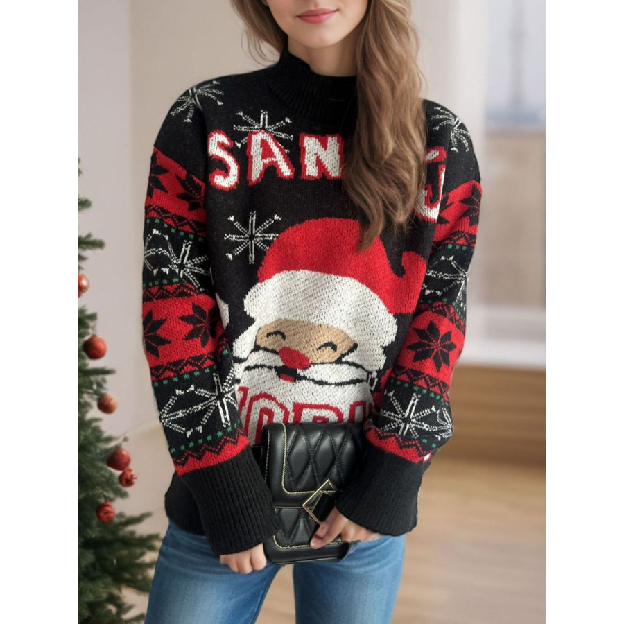 Santa Mock Neck Long Sleeve Sweater Black / One Size Apparel and Accessories