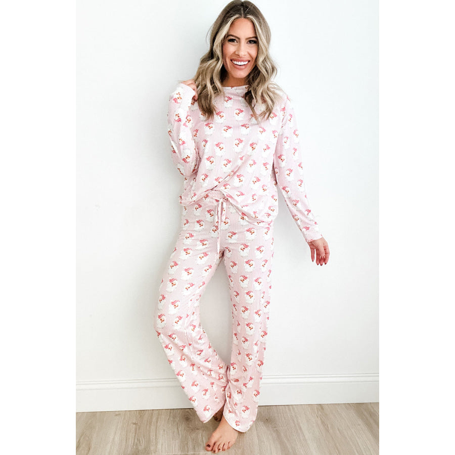 Santa Print Long Sleeve Top and Pants Lounge Set Blush Pink / S Apparel and Accessories