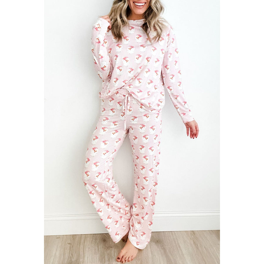 Santa Print Long Sleeve Top and Pants Lounge Set Blush Pink / S Apparel and Accessories