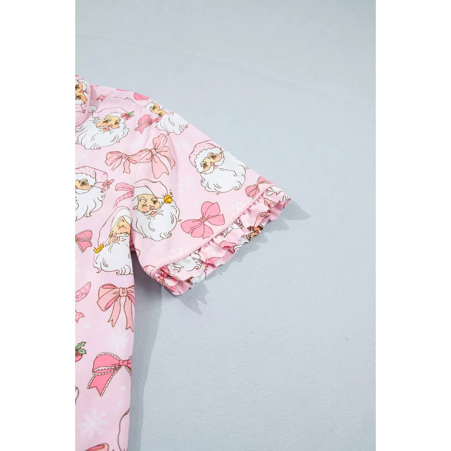 Santa Print Paneling Shift Silhouette Short Sleeve Lounge Set Apparel and Accessories