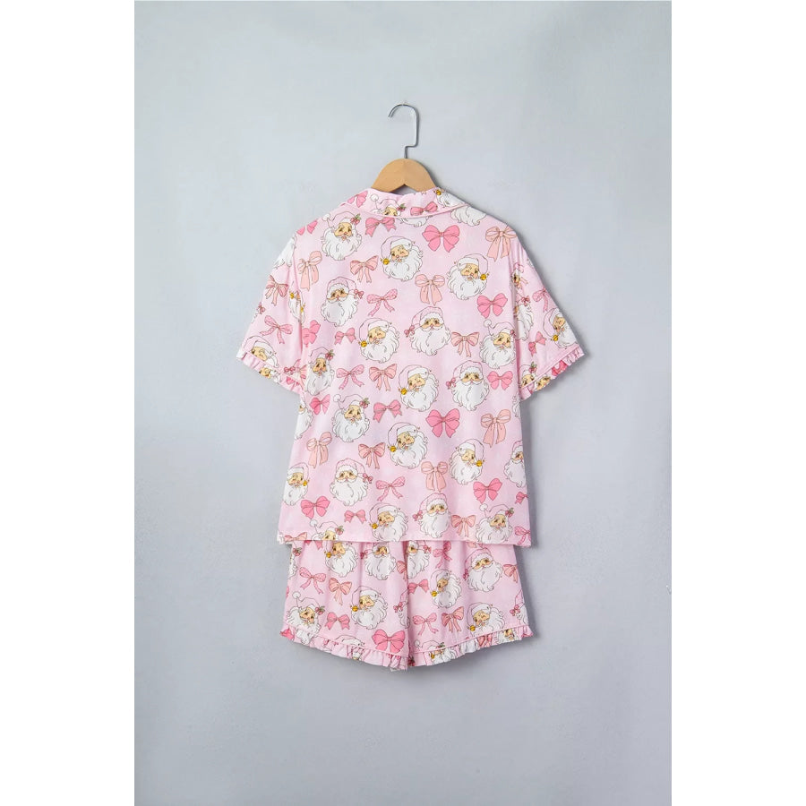 Santa Print Paneling Shift Silhouette Short Sleeve Lounge Set Apparel and Accessories