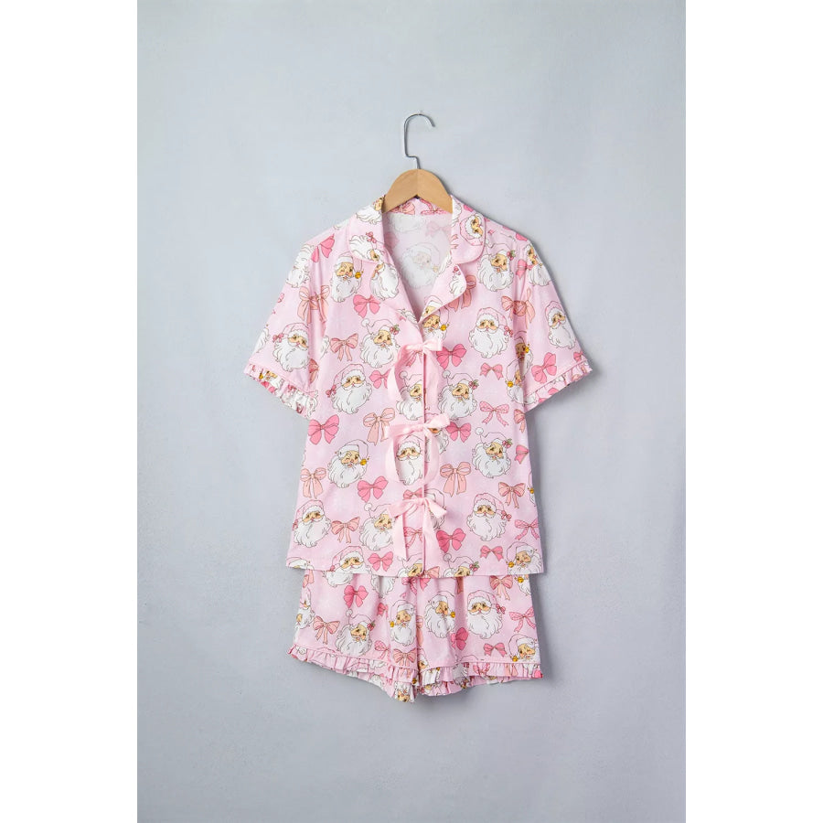 Santa Print Paneling Shift Silhouette Short Sleeve Lounge Set Apparel and Accessories