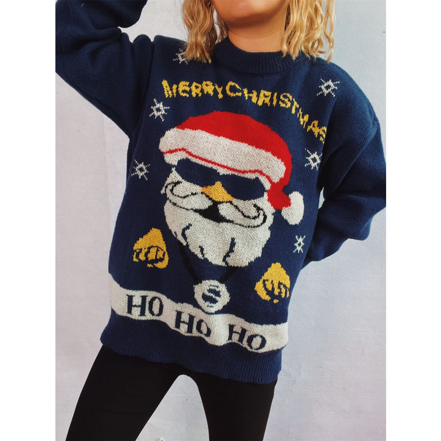 Santa Round Neck Long Sleeve Sweater Apparel and Accessories