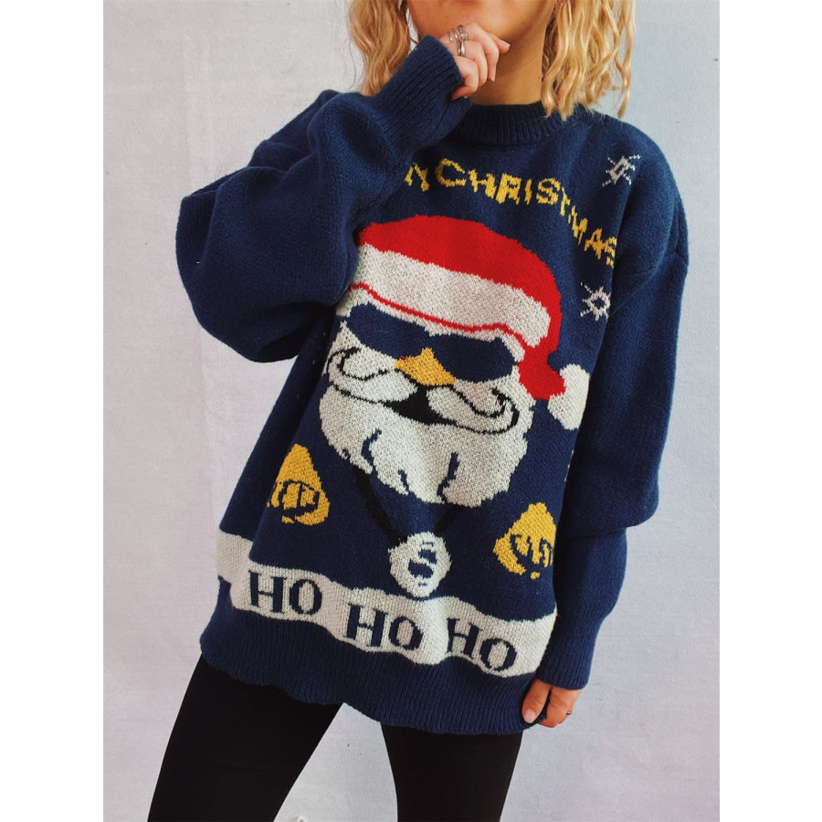 Santa Round Neck Long Sleeve Sweater Dark Blue / S Apparel and Accessories