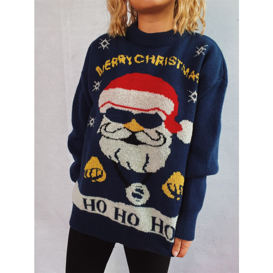 Santa Round Neck Long Sleeve Sweater Apparel and Accessories