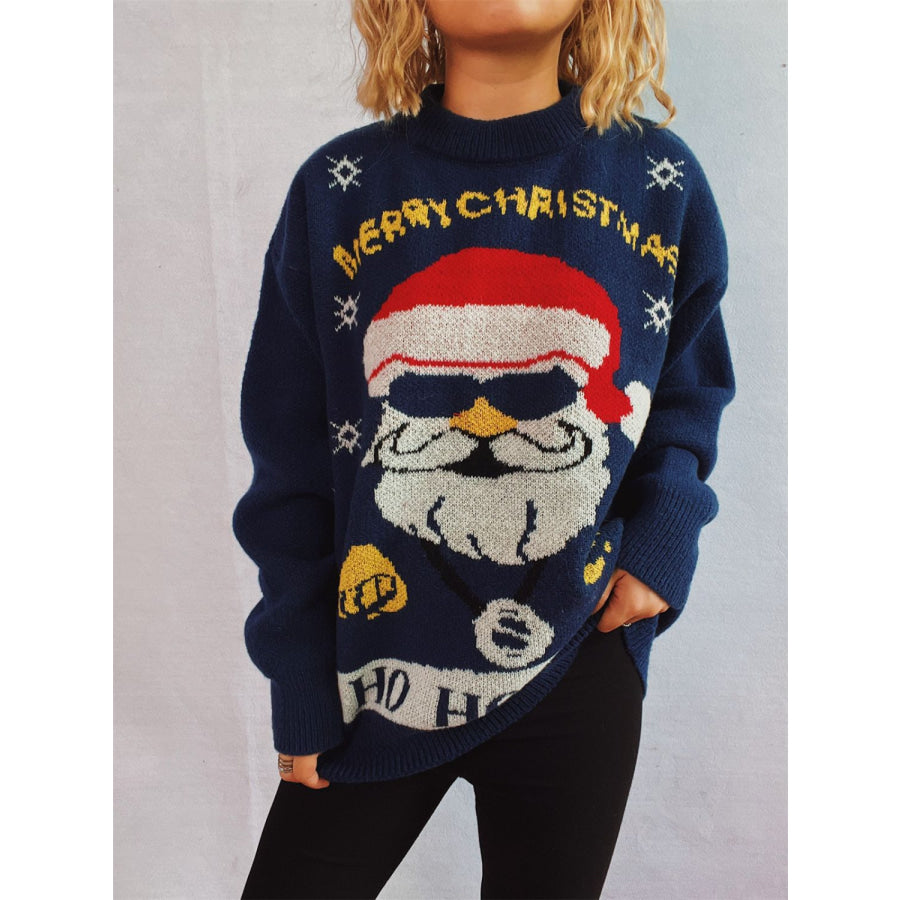 Santa Round Neck Long Sleeve Sweater Dark Blue / S Apparel and Accessories