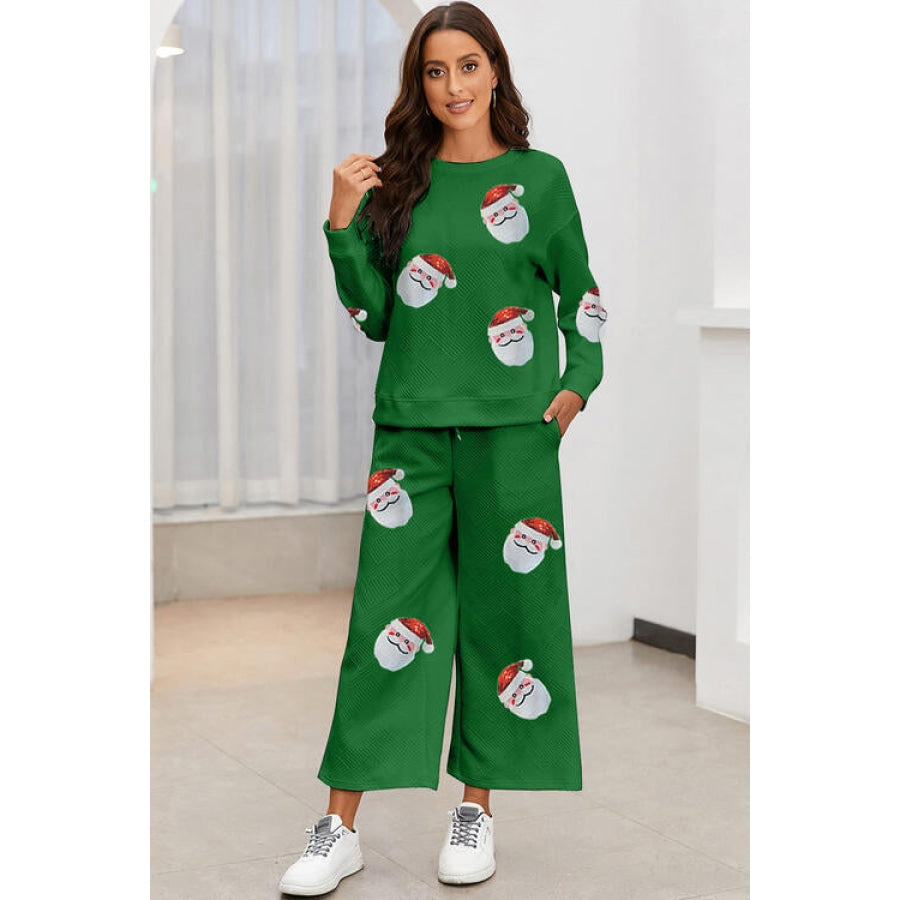 Santa Sequin Round Neck Top and Pants Set Mid Green / S