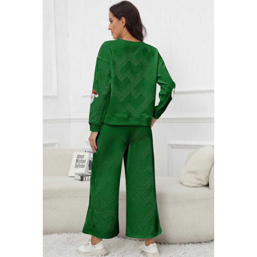 Santa Sequin Round Neck Top and Pants Set Mid Green / S