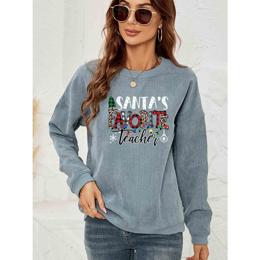 SANTA’S FAVORITE TEACHER Graphic Sweatshirt Misty Blue / S