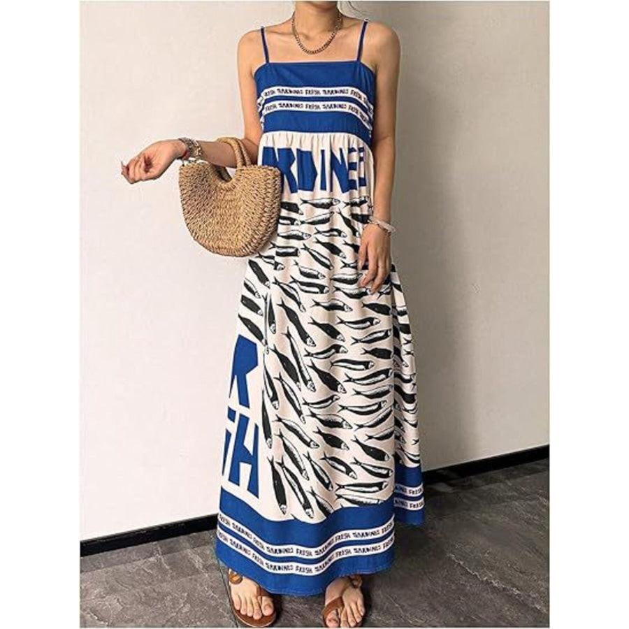 Sardine Print Spaghetti Strap Maxi Dress Apparel and Accessories