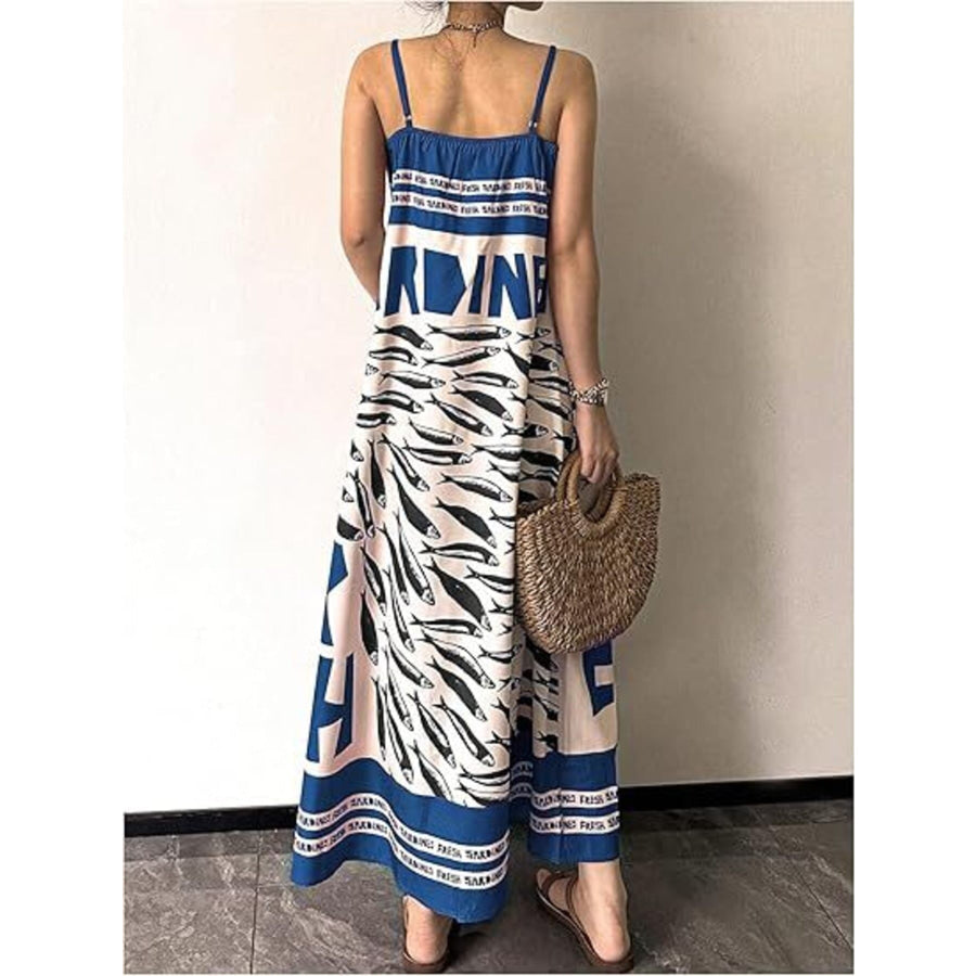 Sardine Print Spaghetti Strap Maxi Dress Apparel and Accessories