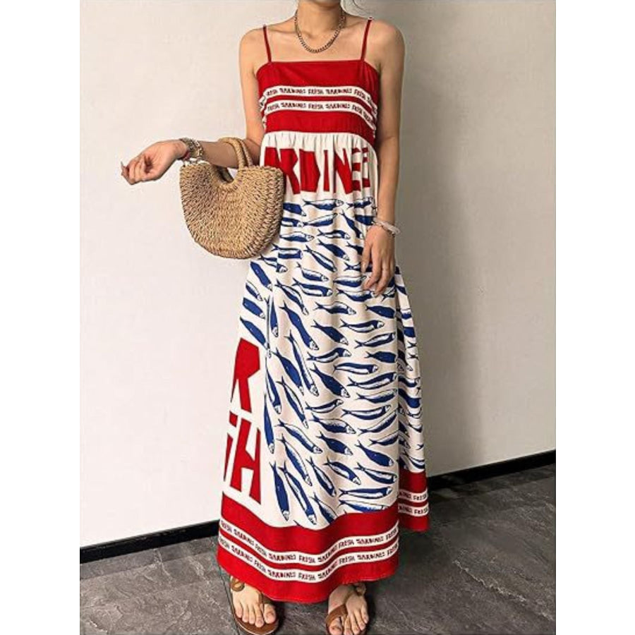 Sardine Print Spaghetti Strap Maxi Dress Apparel and Accessories