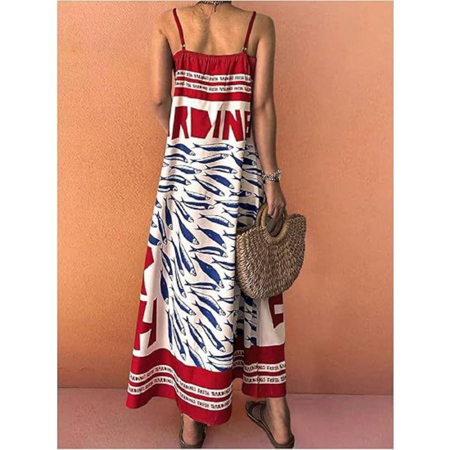 Sardine Print Spaghetti Strap Maxi Dress Apparel and Accessories