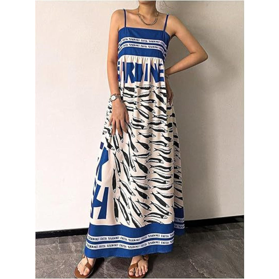 Sardine Print Spaghetti Strap Maxi Dress Blue / S Apparel and Accessories