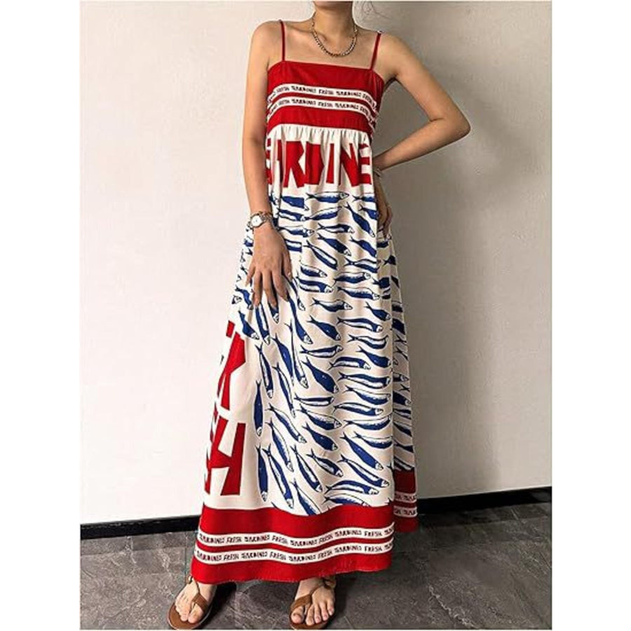 Sardine Print Spaghetti Strap Maxi Dress Red / S Apparel and Accessories