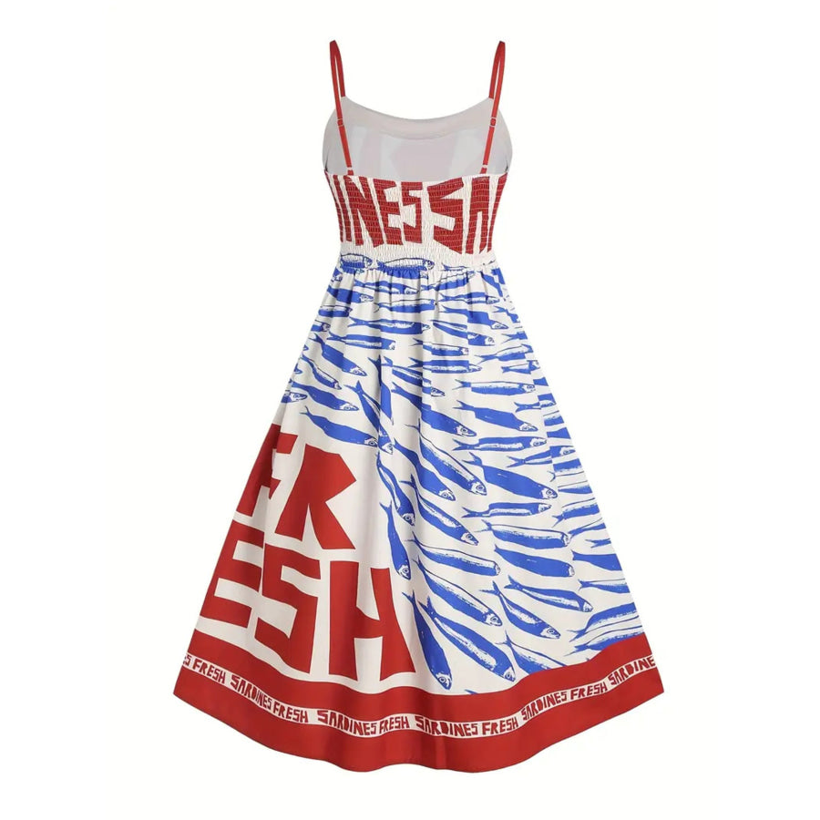 Sardine Print Spaghetti Strap Midi Dress Apparel and Accessories
