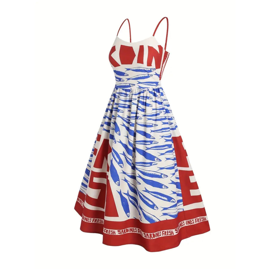 Sardine Print Spaghetti Strap Midi Dress Apparel and Accessories