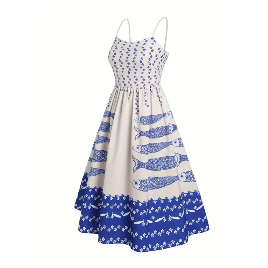 Sardine Print Spaghetti Strap Midi Dress Apparel and Accessories