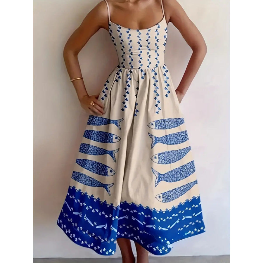 Sardine Print Spaghetti Strap Midi Dress Royal Blue / S Apparel and Accessories