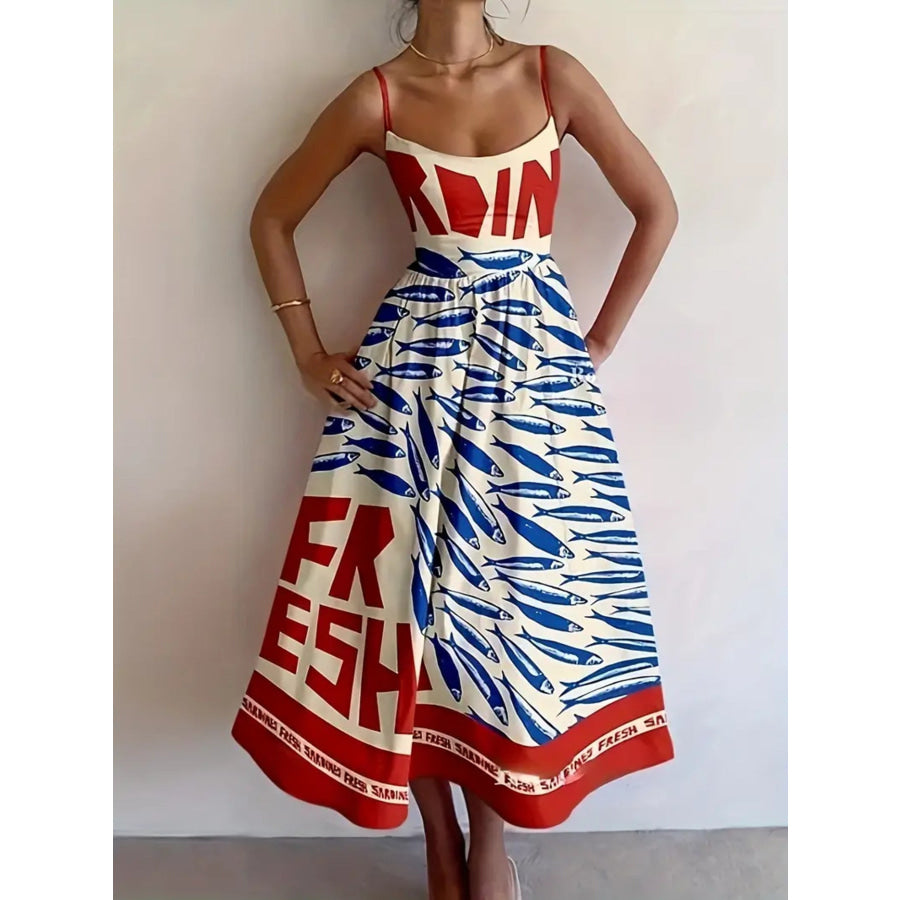 Sardine Print Spaghetti Strap Midi Dress Rust / S Apparel and Accessories