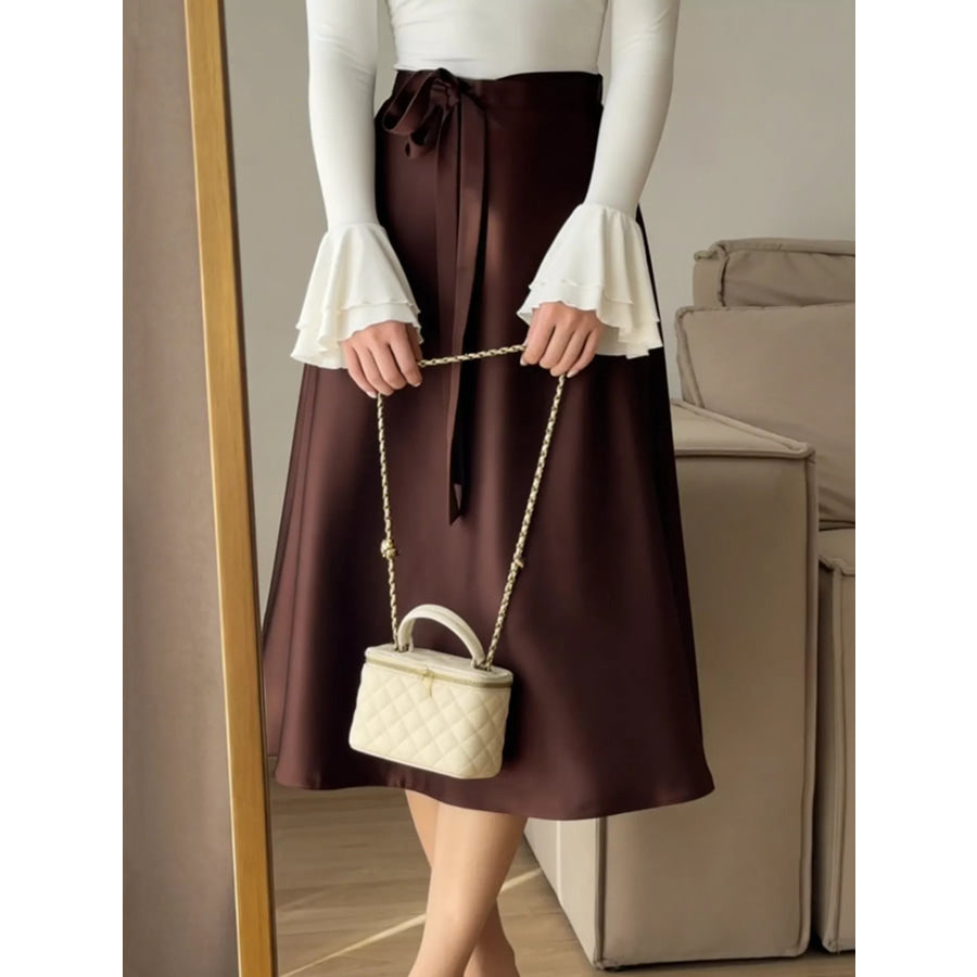 Satin A-Line Midi Skirt Burgundy / S Apparel and Accessories