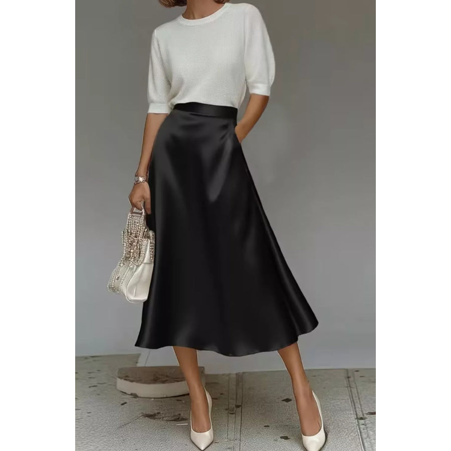 Satin A-Line Midi Skirt Black / S Apparel and Accessories
