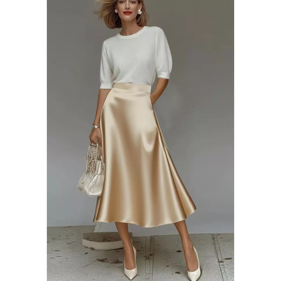 Satin A-Line Midi Skirt Khaki / S Apparel and Accessories